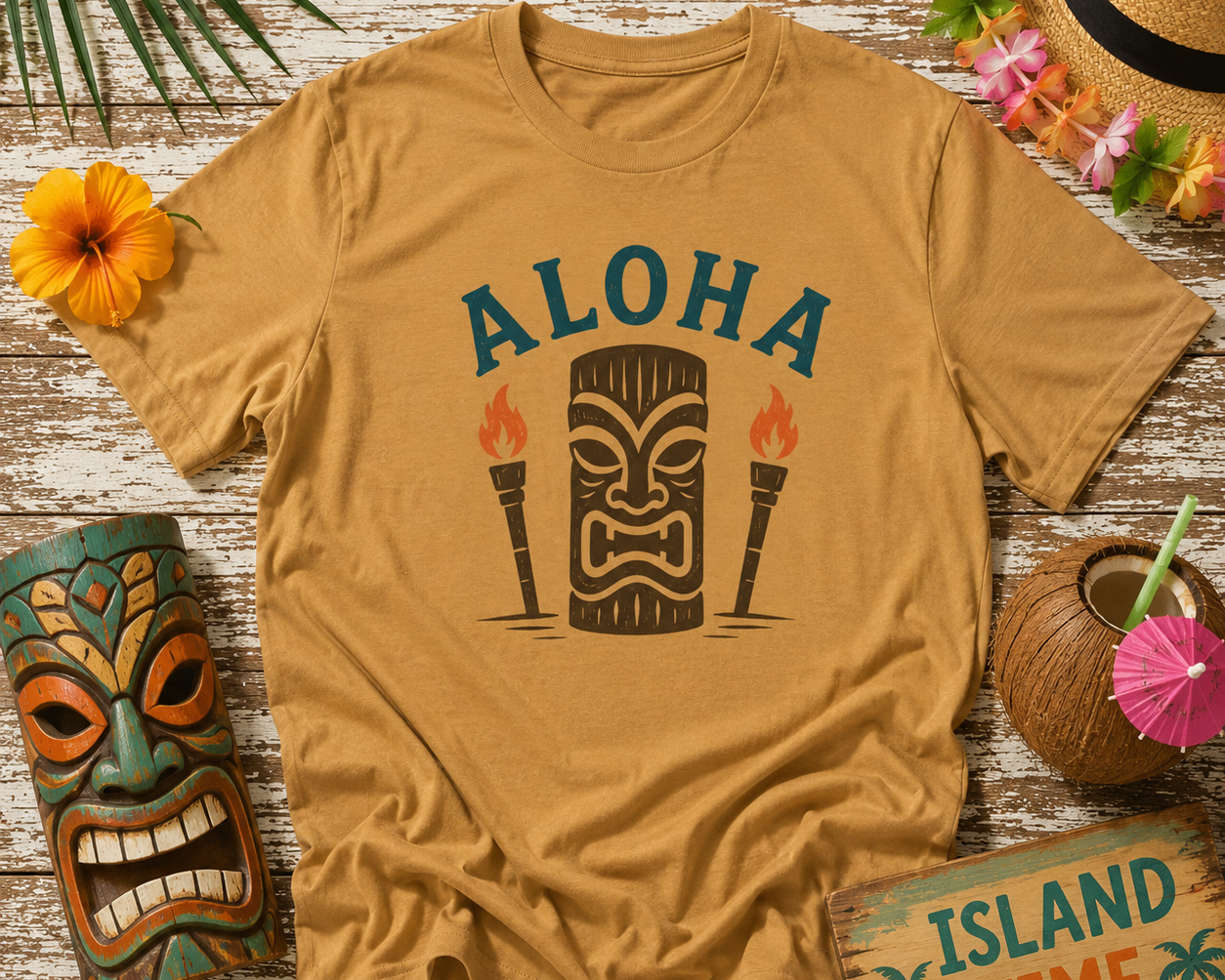 Beige t-shirt with 'Aloha' and tiki design on a wooden surface with tropical decorations.
