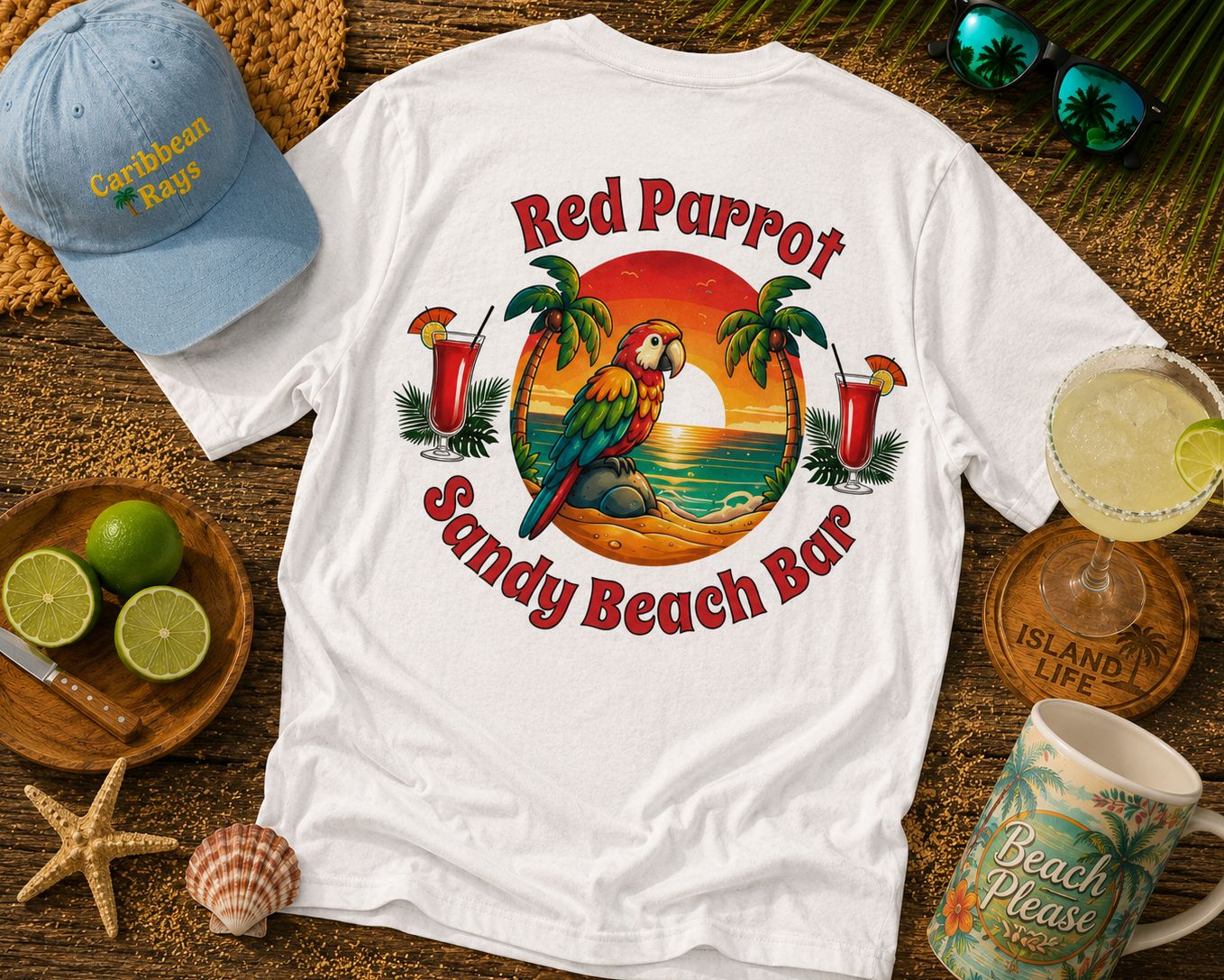 White t-shirt with 'Red Parrot Sandy Beach Bar' design, blue cap, limes, and a mug on a wooden surface.