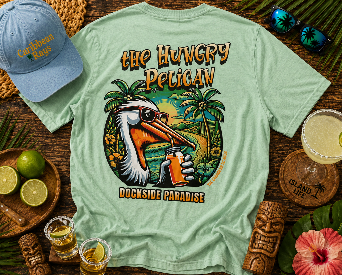 Light green t-shirt with 'The Hungry Pelican' design on a wooden table with tropical-themed items.