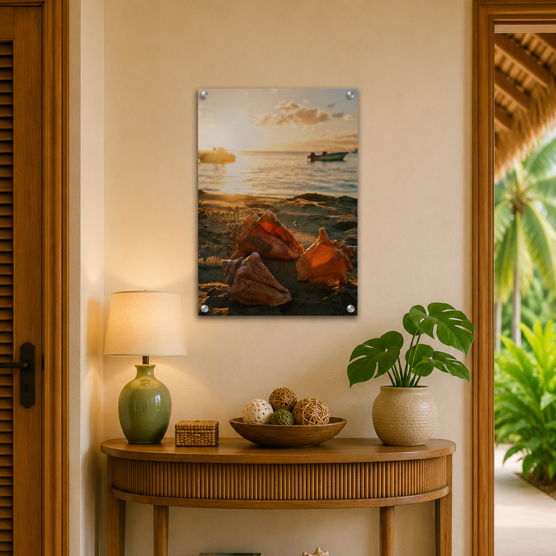 Decorative interior with a wooden console table, lamp, and artwork of a beach scene.