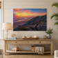 Living room with a large beach sunset painting on the wall, wooden console table, and decorative items.