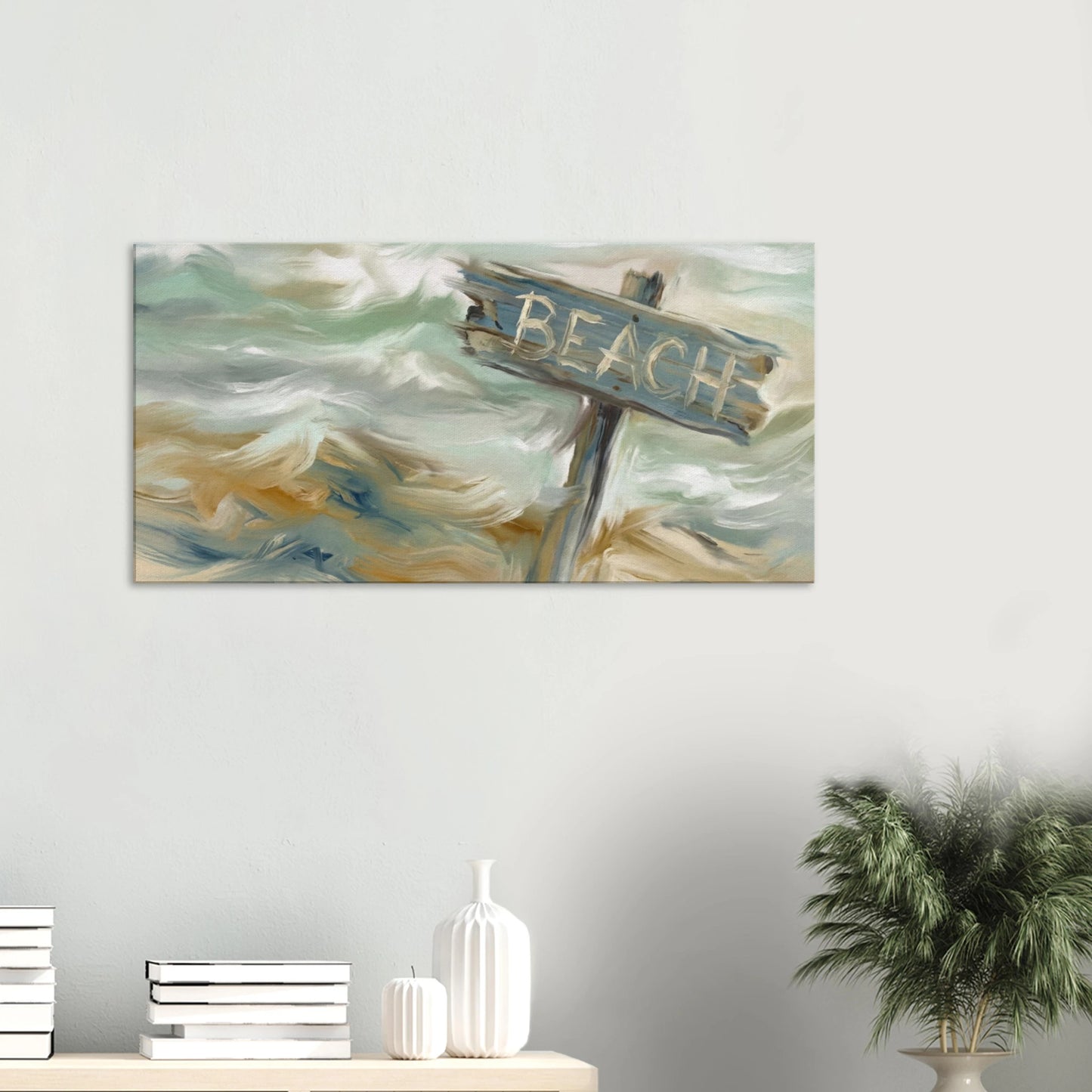 Painting of a beach sign with ocean waves on a wall above a shelf with decorative items.