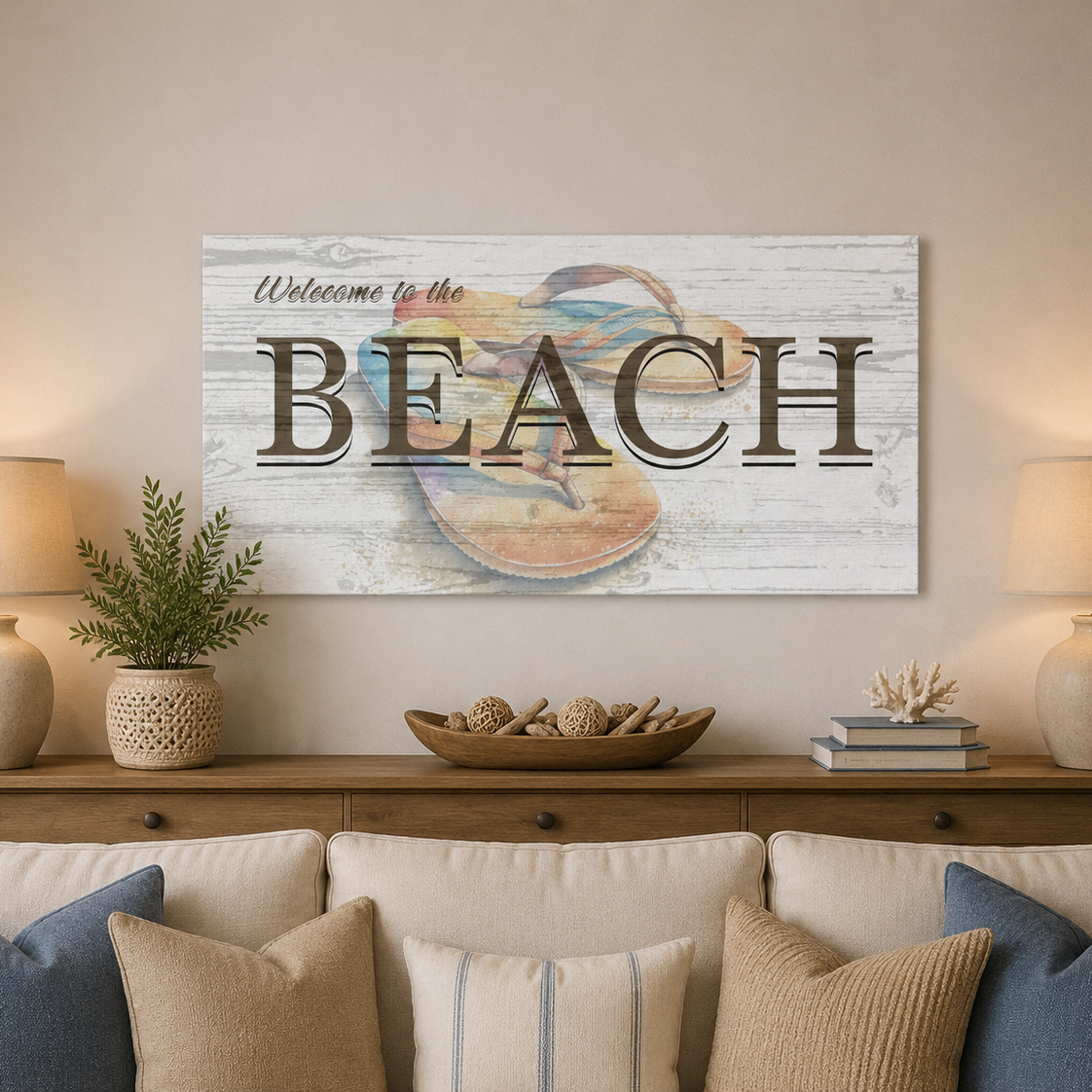 Living room with 'Welcome to the Beach' sign above a wooden console table.