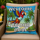 Welcome To Our Pool Outdoor Pillow — Tropical Parrot Poolside Decorative Cushion
