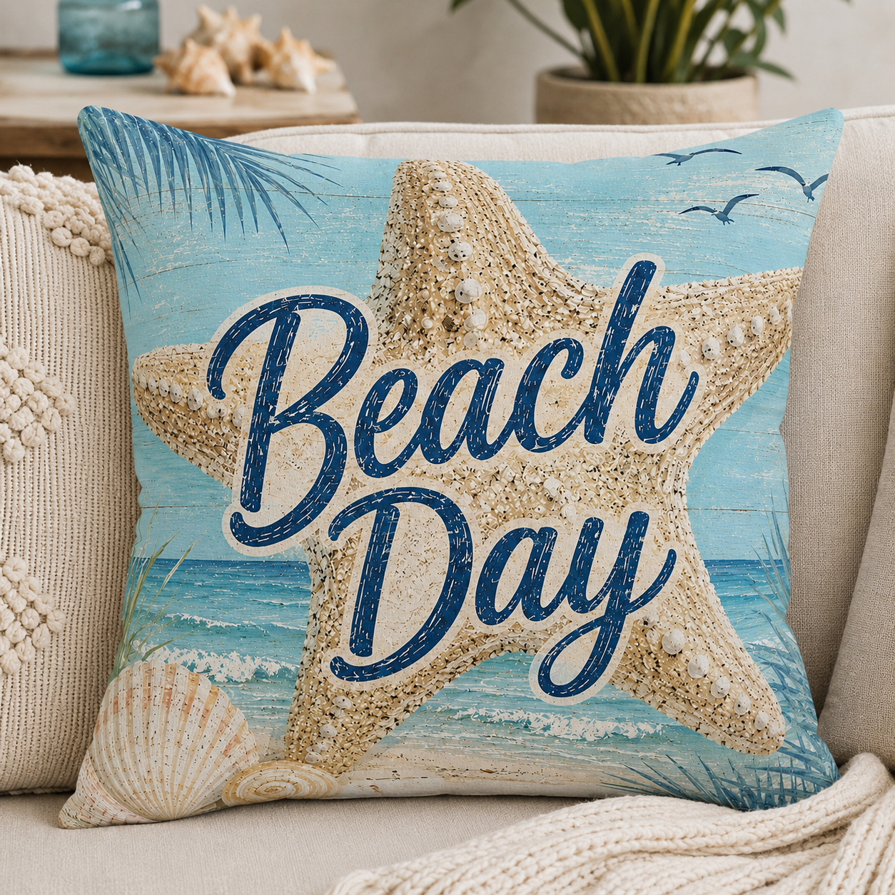 Aqua square pillow cover with 'Beach Day' script, starfish applique, and shell-and-sea pattern