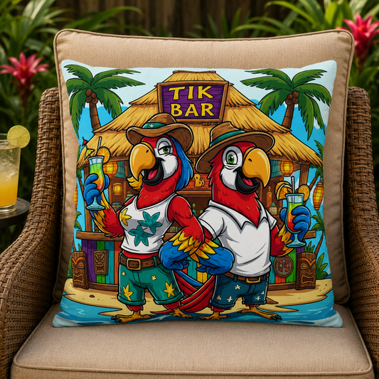 Tropical Parrot Tiki Bar Outdoor Pillow — Caribbean Beach Patio Decor