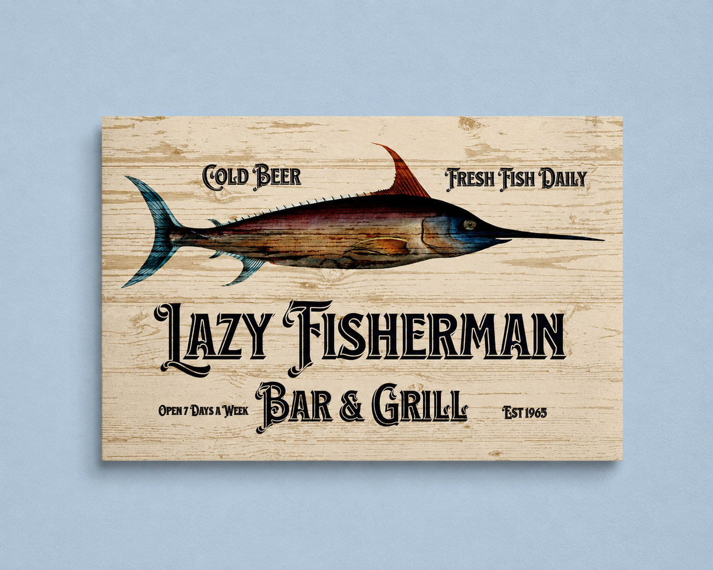 Wooden sign for Lazy Fisherman Bar & Grill with fish illustration on a light blue background