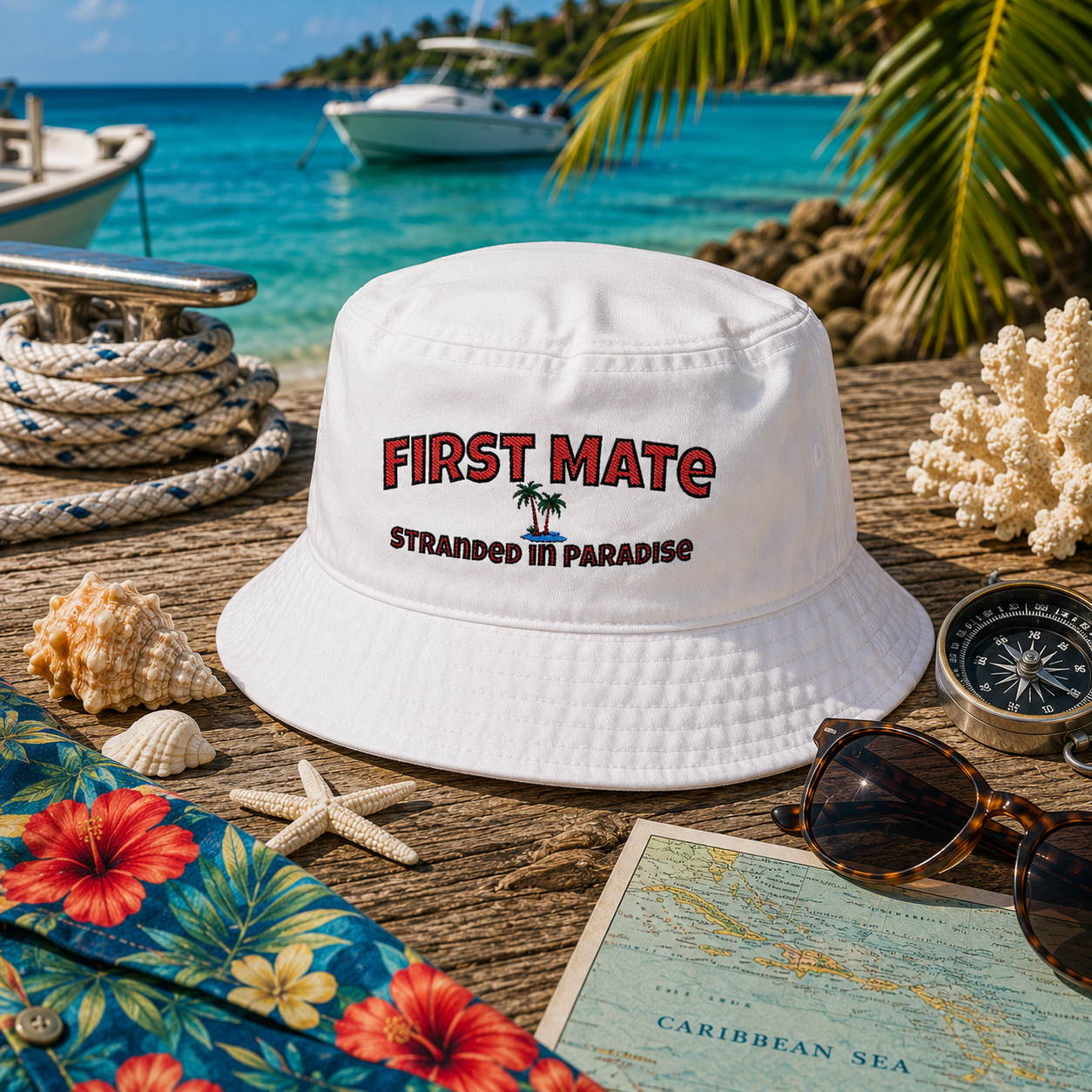 Bucket Hat — "First Mate" Embroidered Palm Paradise Hat