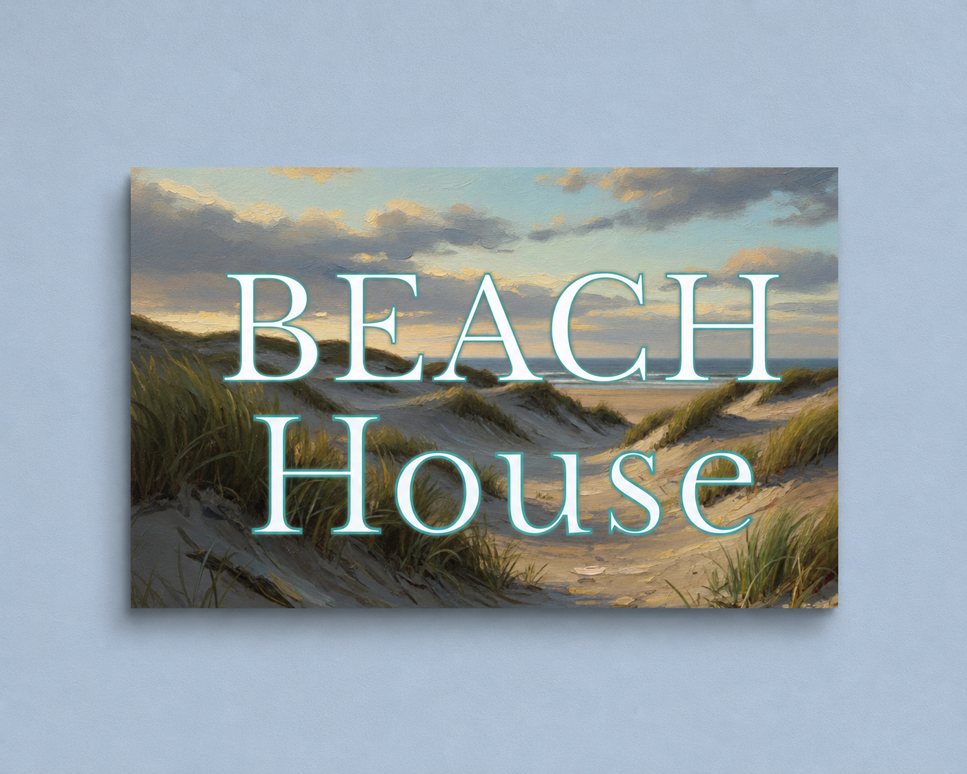 Canvas print with beach scene and 'Beach House' text on a light blue background