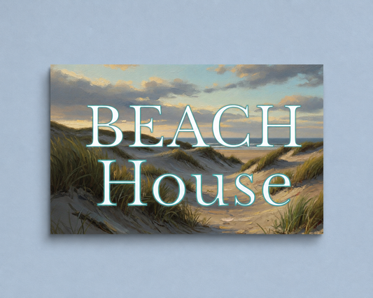 Canvas print with beach scene and 'Beach House' text on a light blue background