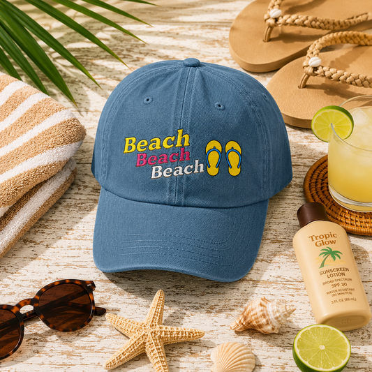 Beach Beach Beach Embroidered Denim Hat — Floral Summer Baseball Cap