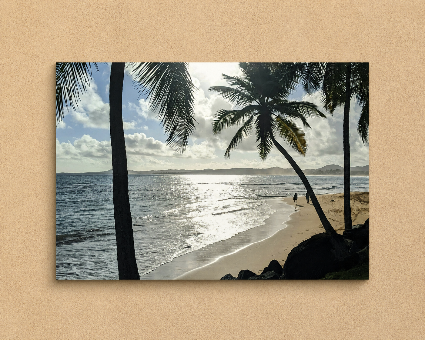 Beach scene with palm trees and ocean on a beige background