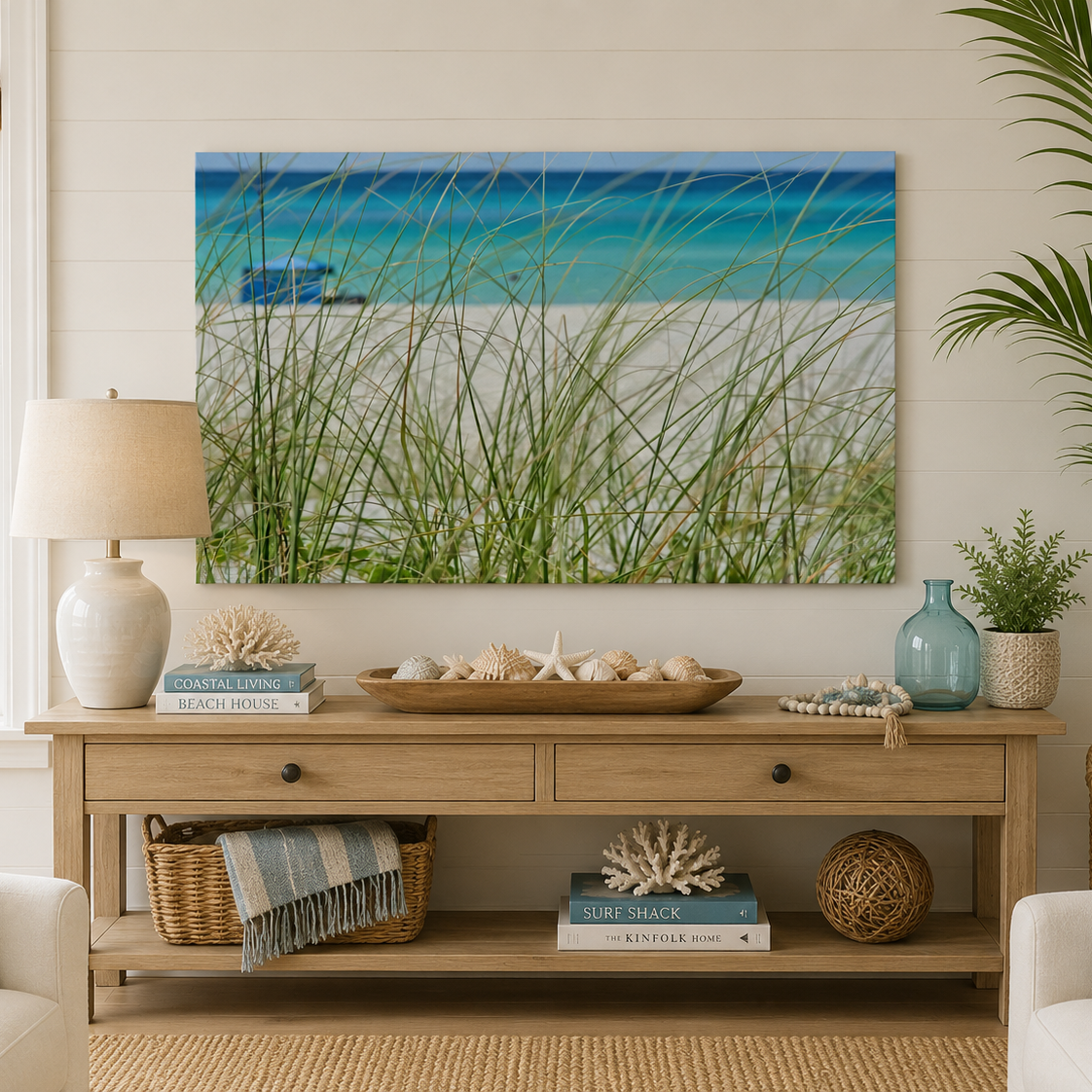 Living room with a beach-themed decor, including a large framed picture of a beach scene.