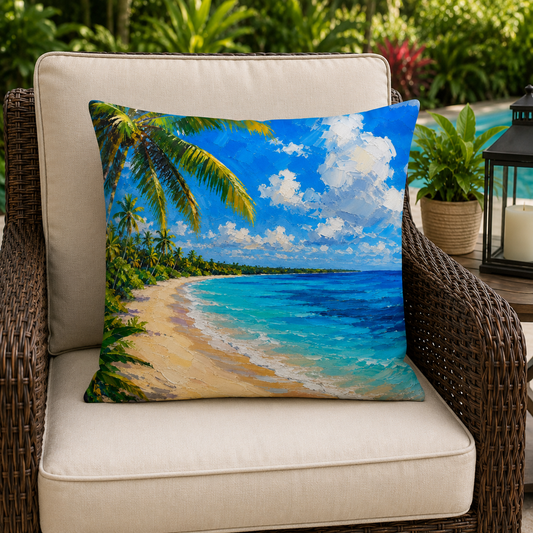 Outdoor square pillow with palm tree and beach shoreline photo print on beige chair