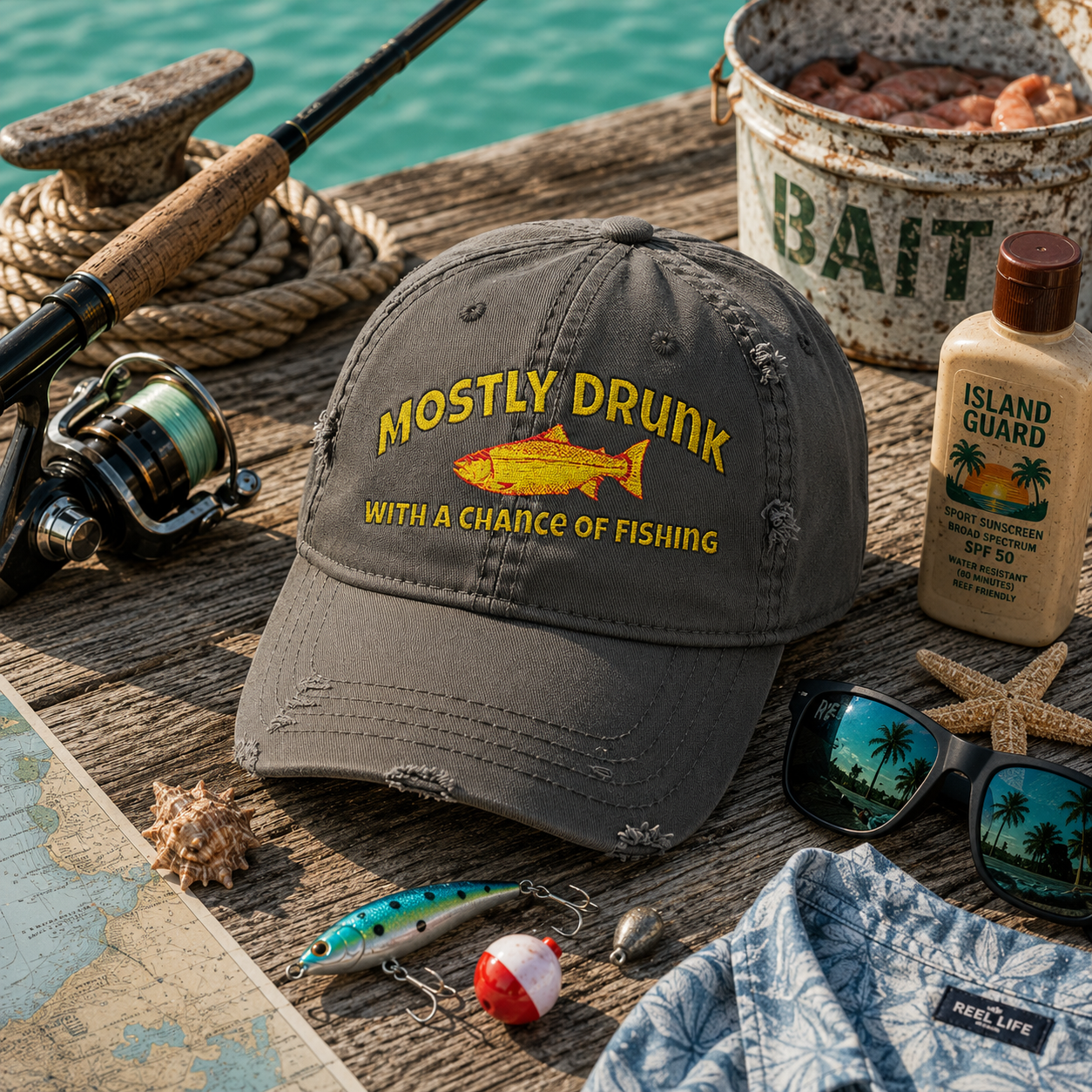 Dad Hat - "Mostly Drunk With A Chance Of Fishing" Embroidered Fishing Cap