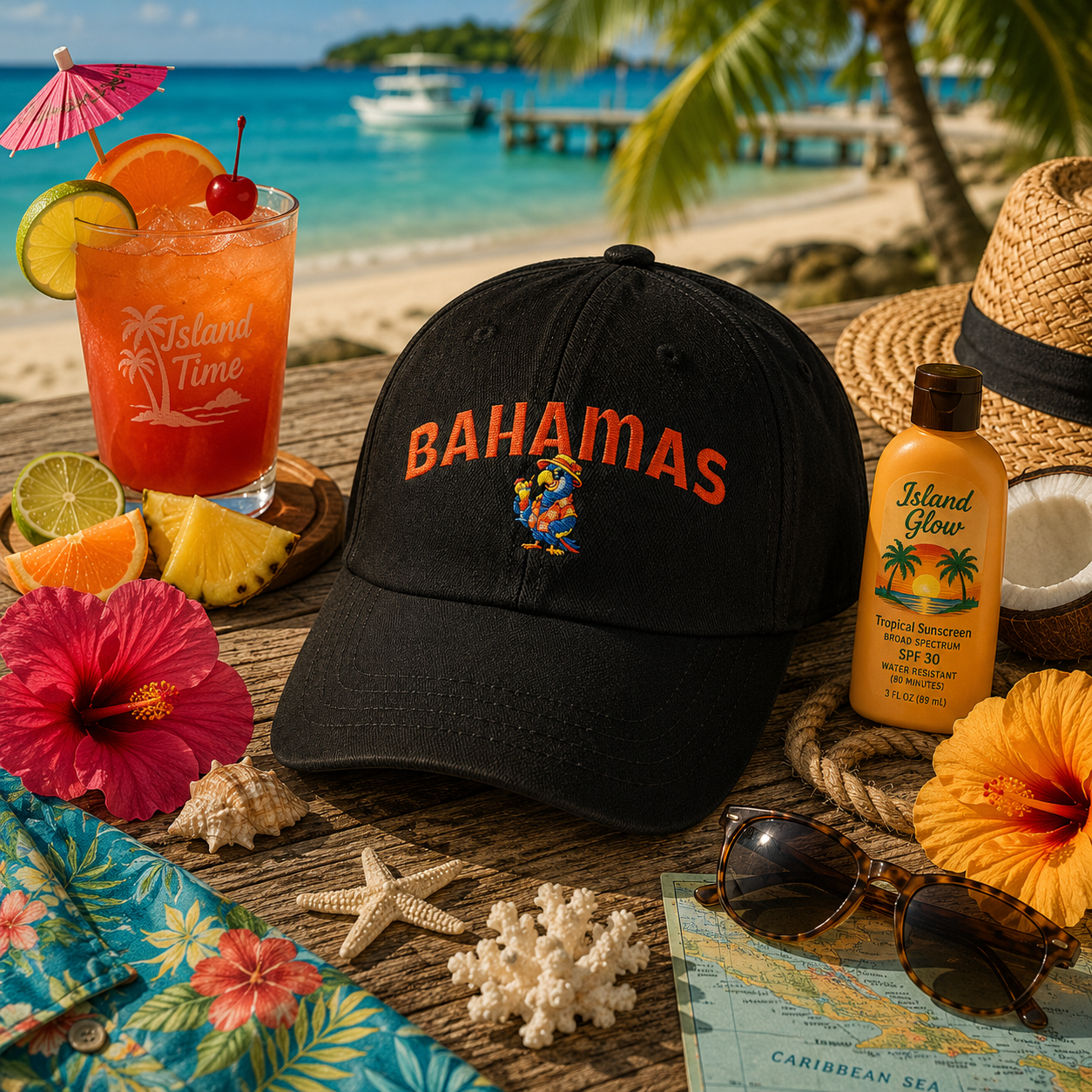 Bahamas Embroidered Parrot Cap - Denim Baseball Hat