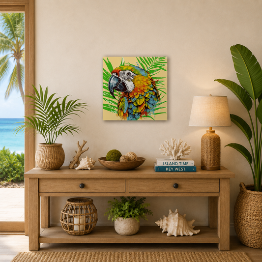 Decorative interior with a wooden console table, plants, and a colorful parrot painting.