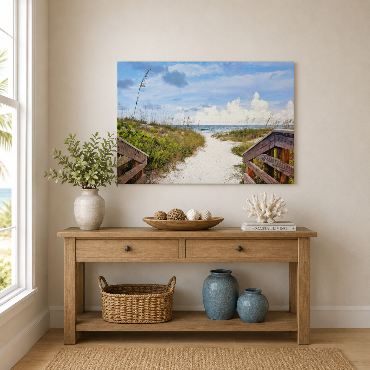 Nautical-themed wall art above a wooden console table with decorative items.