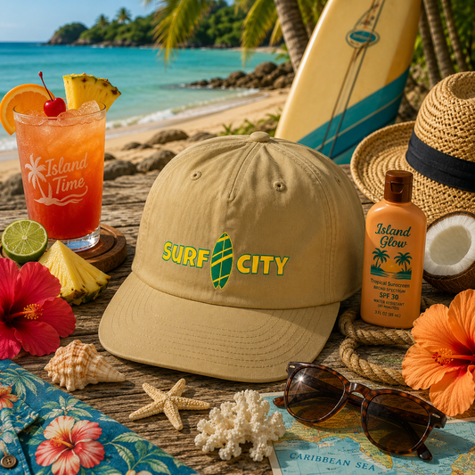 Surf City Embroidered Surf Cap — Retro Surfboard Logo Hat