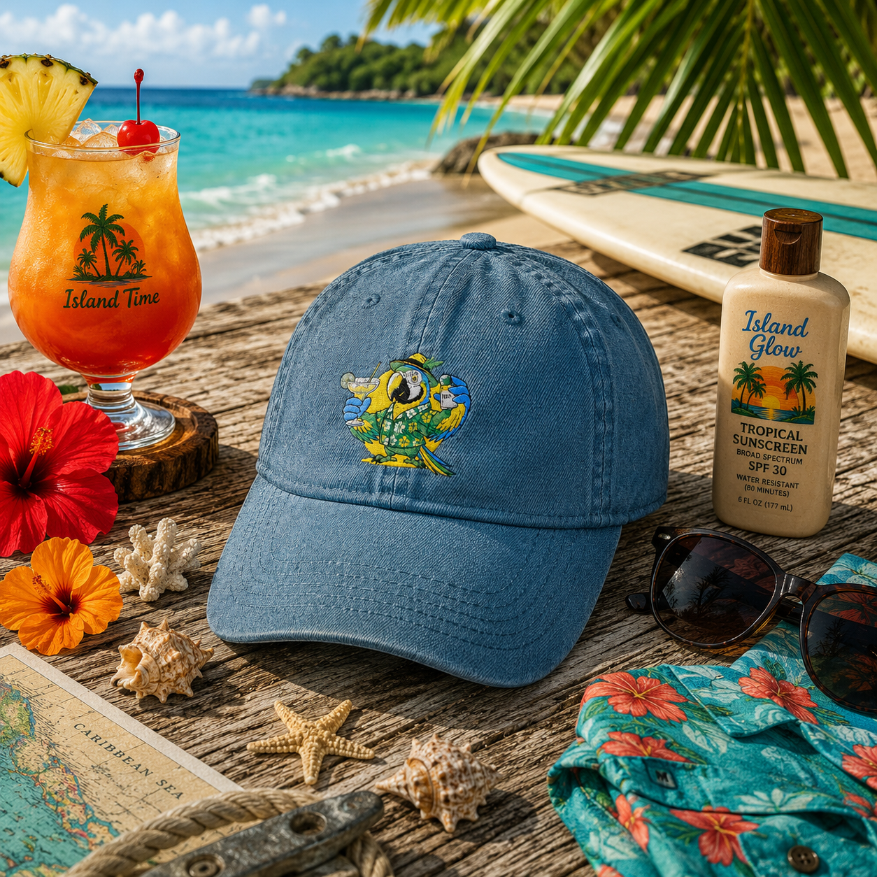Margarita Party Parrot Embroidered Colorful Turtle Denim Hat - Casual Beachy Cap
