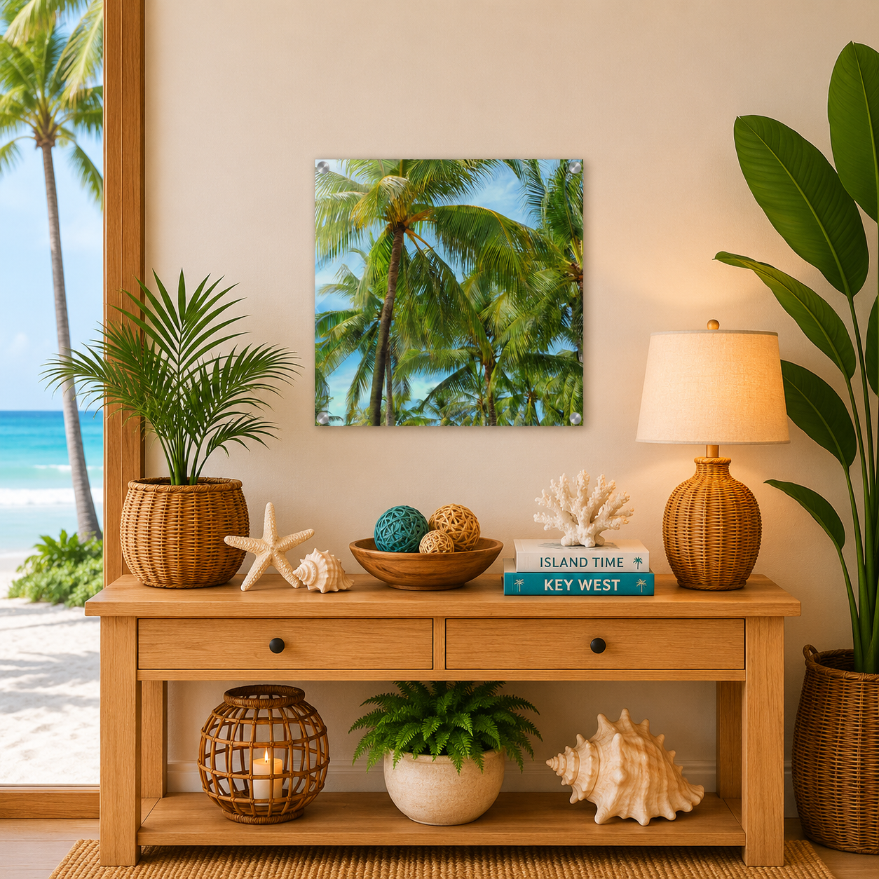 Decorative shelf with plants, books, and a lamp in a room with a beach view.