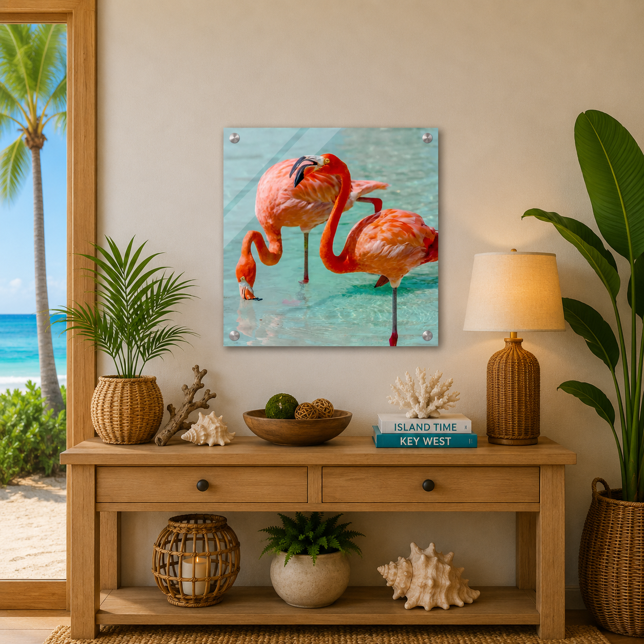 Decorative setup with flamingo artwork, plants, and a lamp in a room with a beach view.