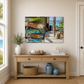 Room interior with a wooden console table, decorative items, and a large wall art of a beach scene.
