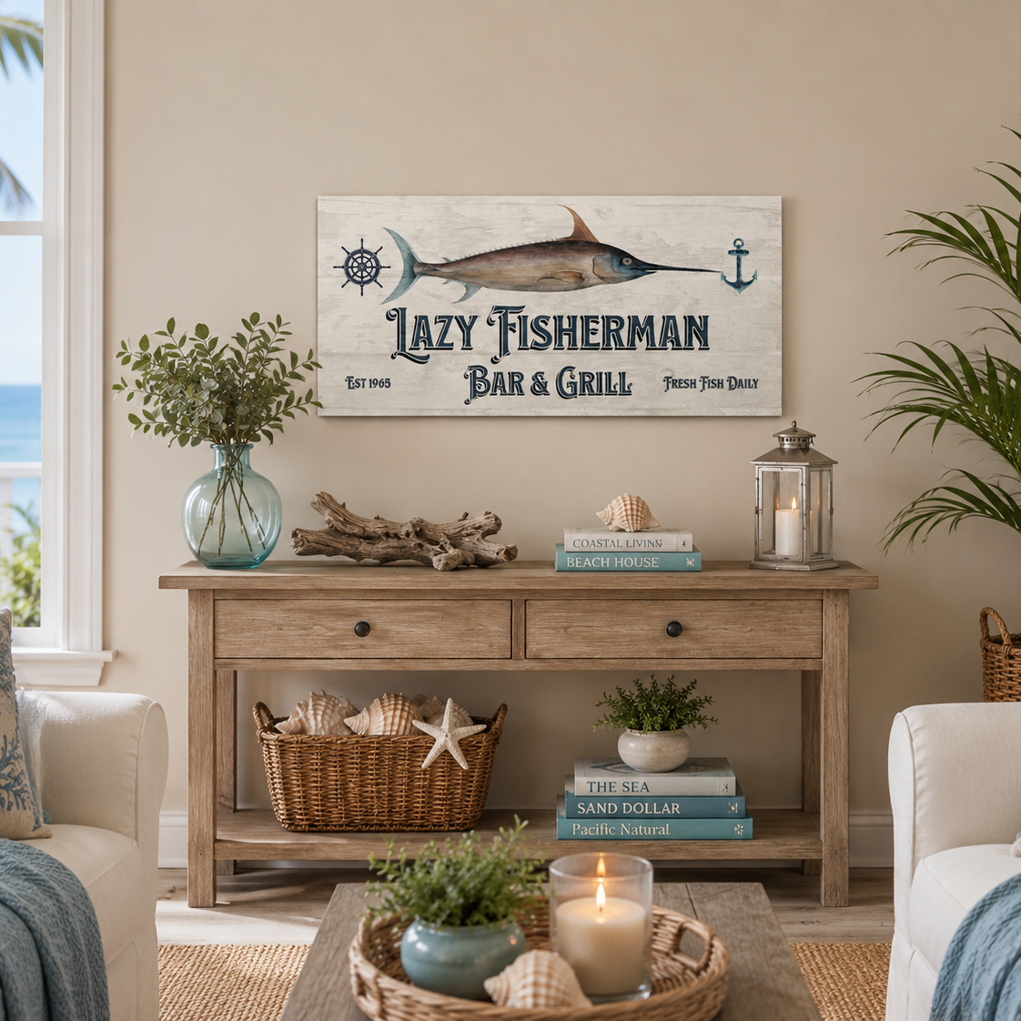 Living room with a 'Lazy Fisherman Bar & Grill' sign above a wooden console table.