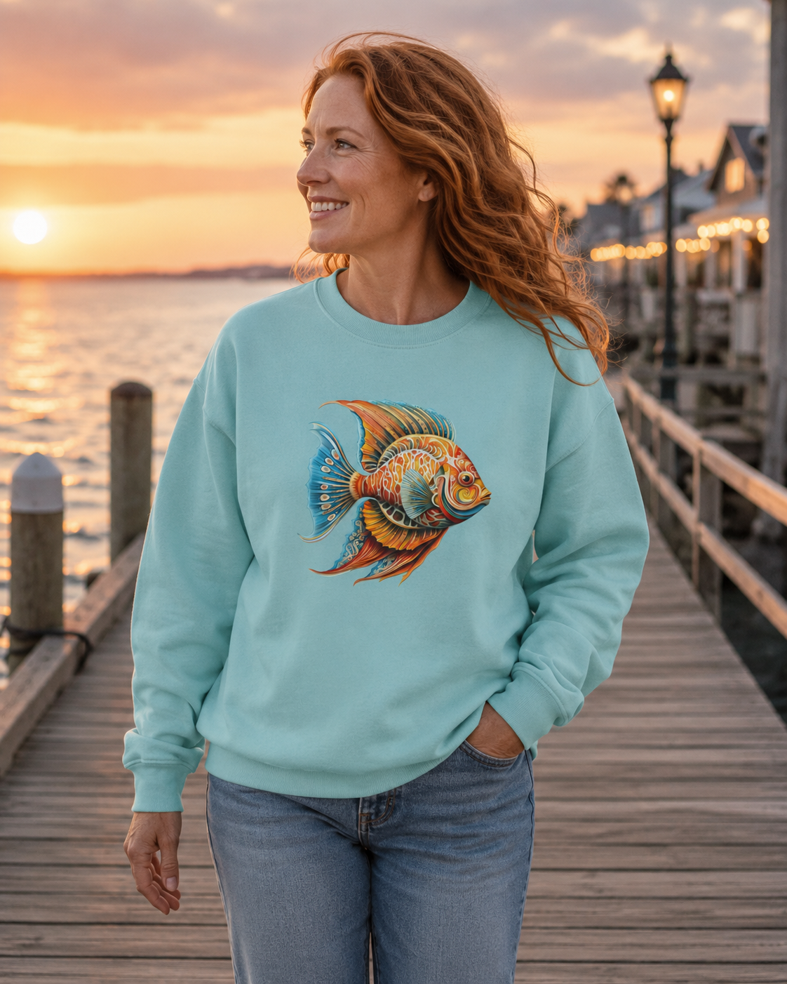 A woman with red hair stands on a wooden dock at sunset wearing a light aqua crewneck sweatshirt with a large colorful tropical fish graphic on the front, paired with blue jeans.