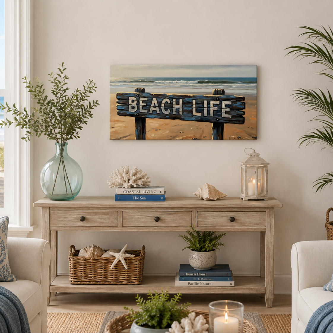 Nautical-themed living room with 'Beach Life' sign, plants, and decor.