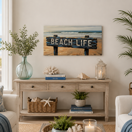 Nautical-themed living room with 'Beach Life' sign, plants, and decor.