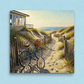 Painting of a teal bicycle with a basket on a sandy path leading to a beach house.