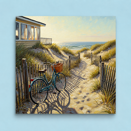 Painting of a teal bicycle with a basket on a sandy path leading to a beach house.