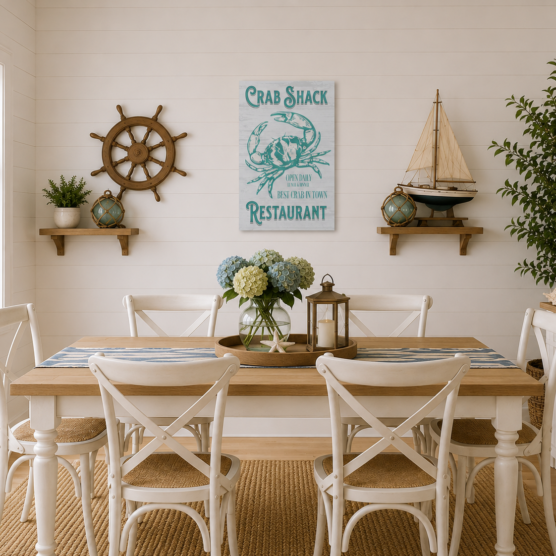 Dining room with wooden table and chairs, decorative elements, and a view of the ocean.