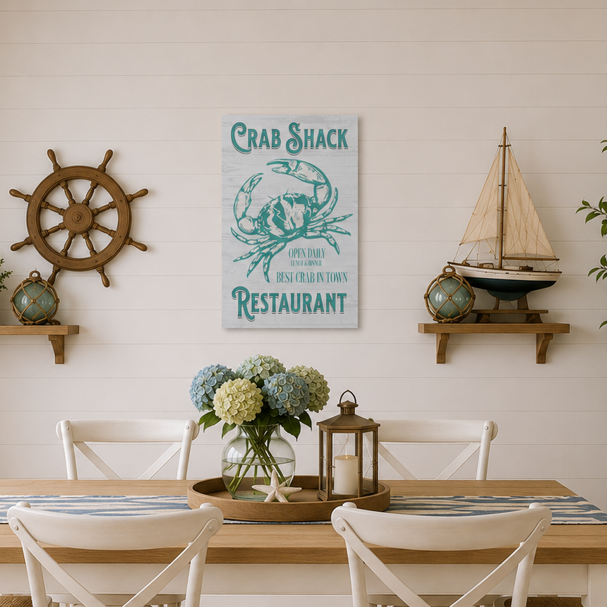 Dining room with a wooden table, chairs, and decorative elements including a crab shack sign and ship wheel.