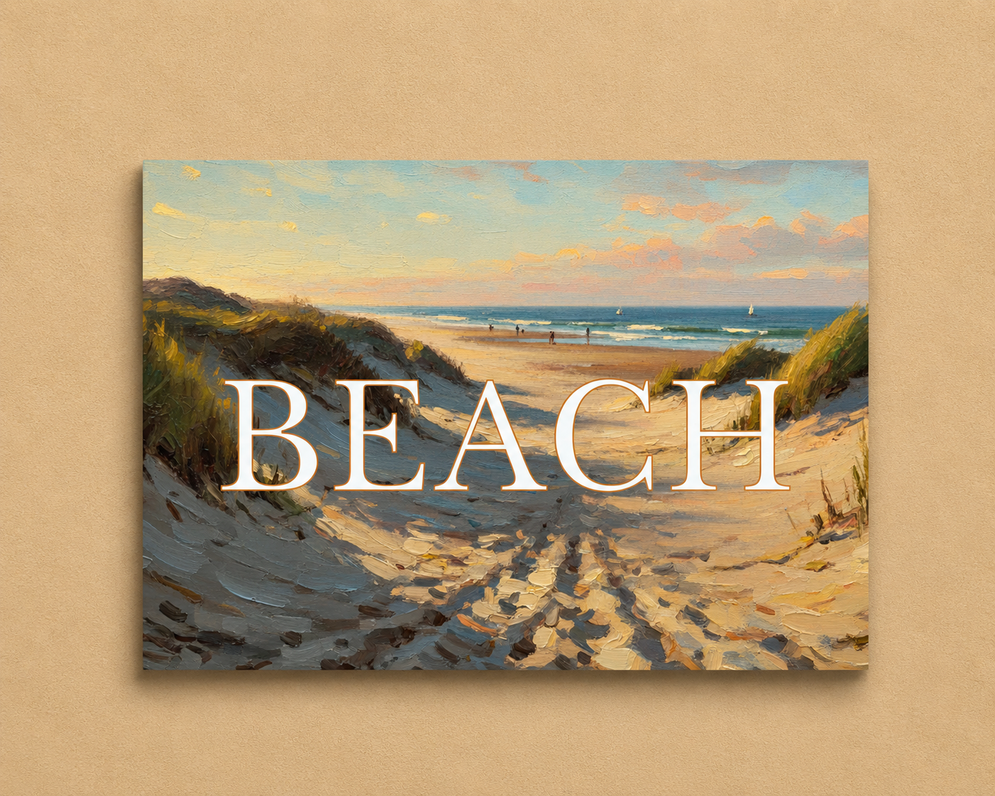 Painting of a beach scene with the word 'BEACH' overlaid on a beige background