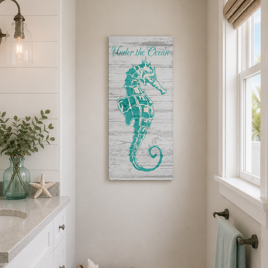 Bathroom with a decorative seahorse sign on the wall, towel rack, and window.