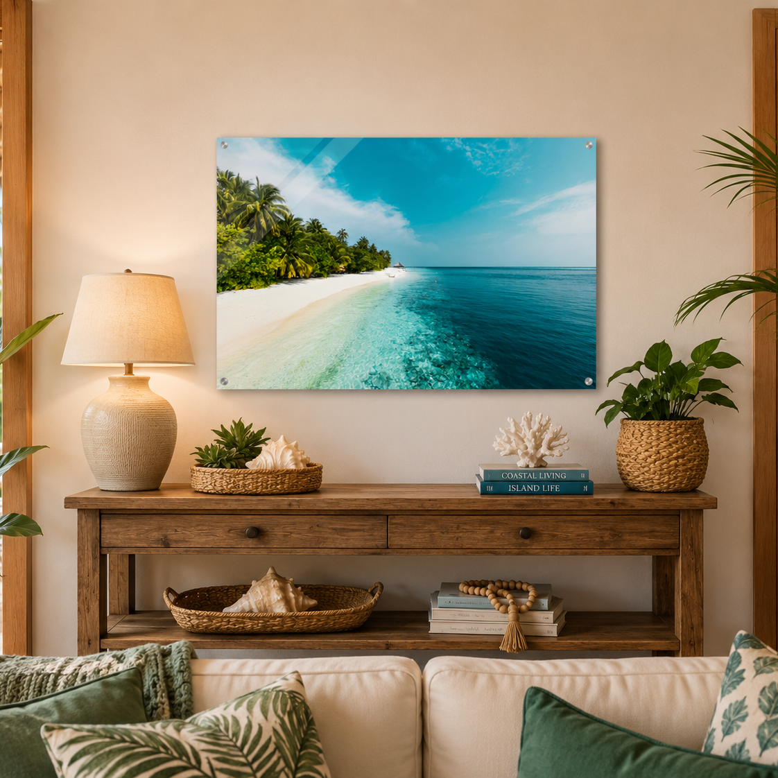 Living room with a console table, sofa, and decorative items, featuring a beach scene painting on the wall.