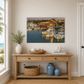 Nautical-themed room with a wooden console table, decorative items, and a large wall art of a marina.