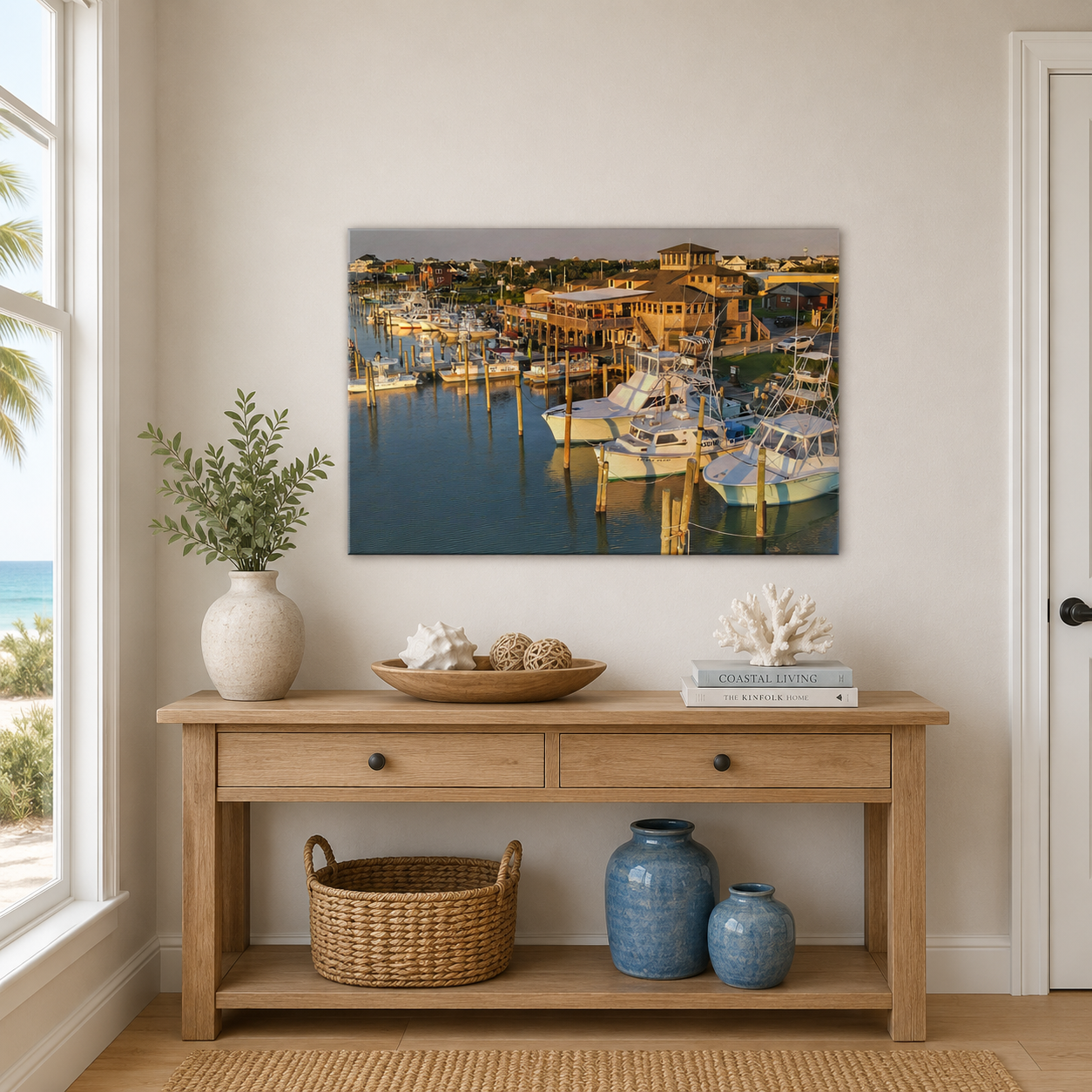 Nautical-themed room with a wooden console table, decorative items, and a large wall art of a marina.