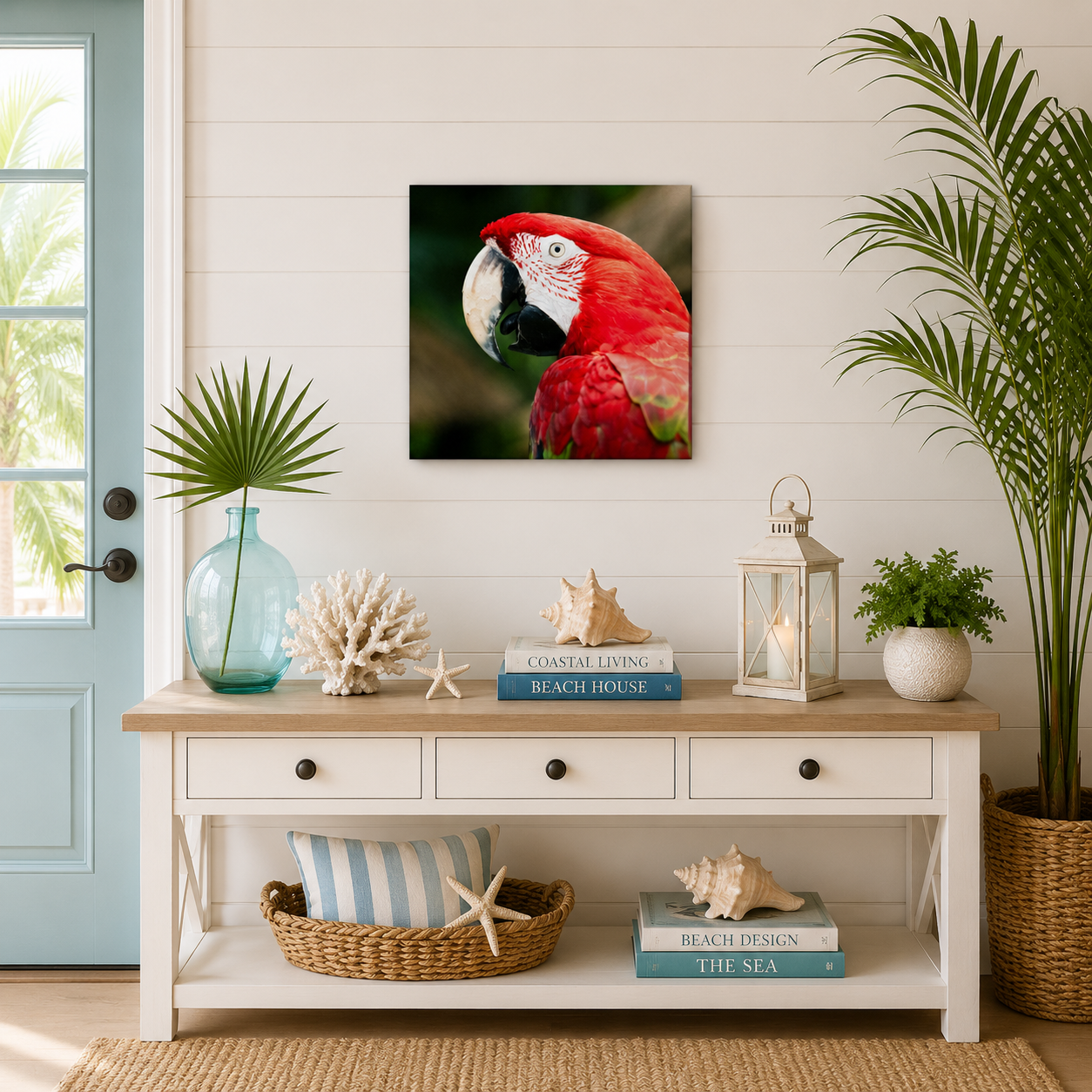 Nautical-themed room with a console table, decorative items, and a parrot painting on the wall.