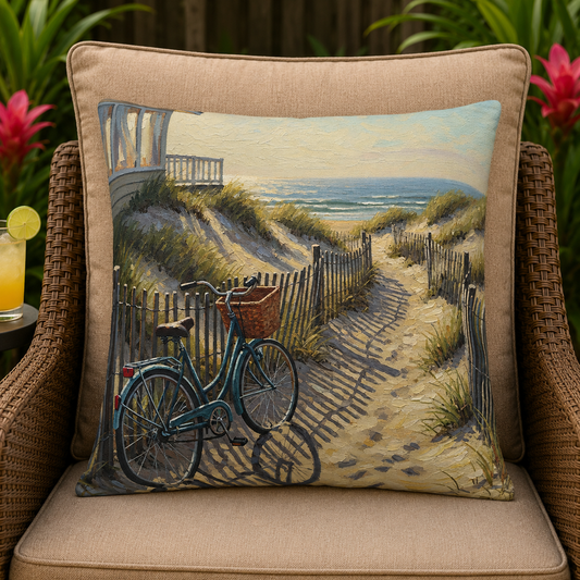 Coastal Path Bicycle Outdoor Pillow — Beach Dunes Sunset Accent Cushion