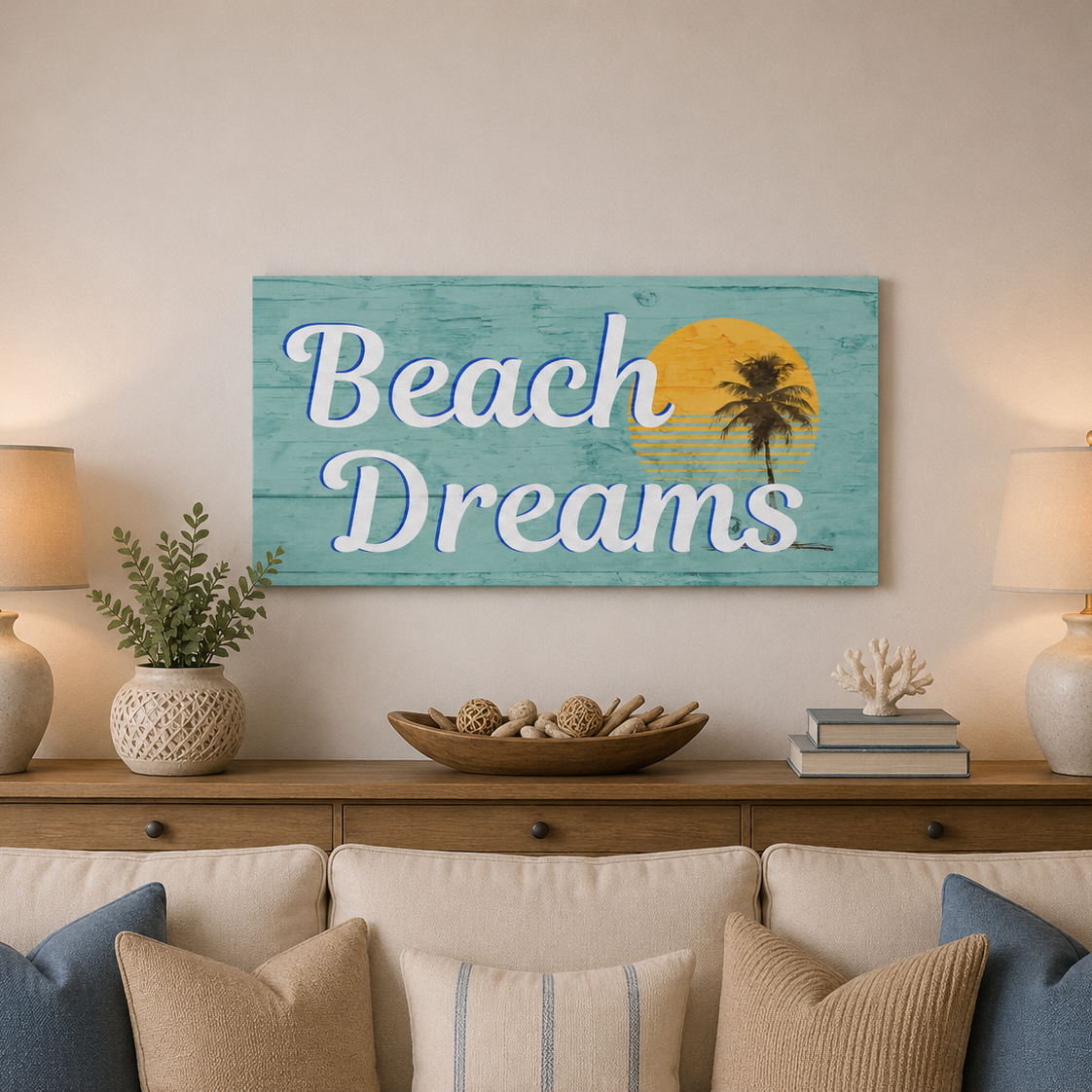 Living room with 'Beach Dreams' sign above a wooden console table.