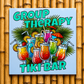 Colorful tiki bar sign with tropical drinks and 'Group Therapy Tiki Bar' text on a bamboo background.