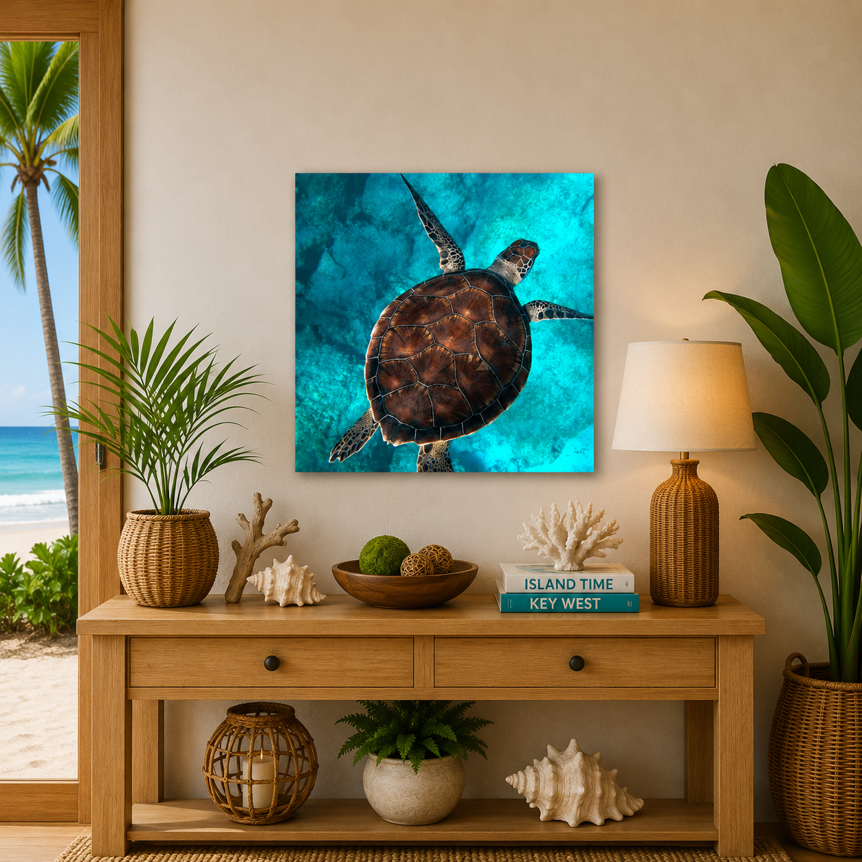 Decorative setup with a turtle painting, plants, and books on a wooden console table.