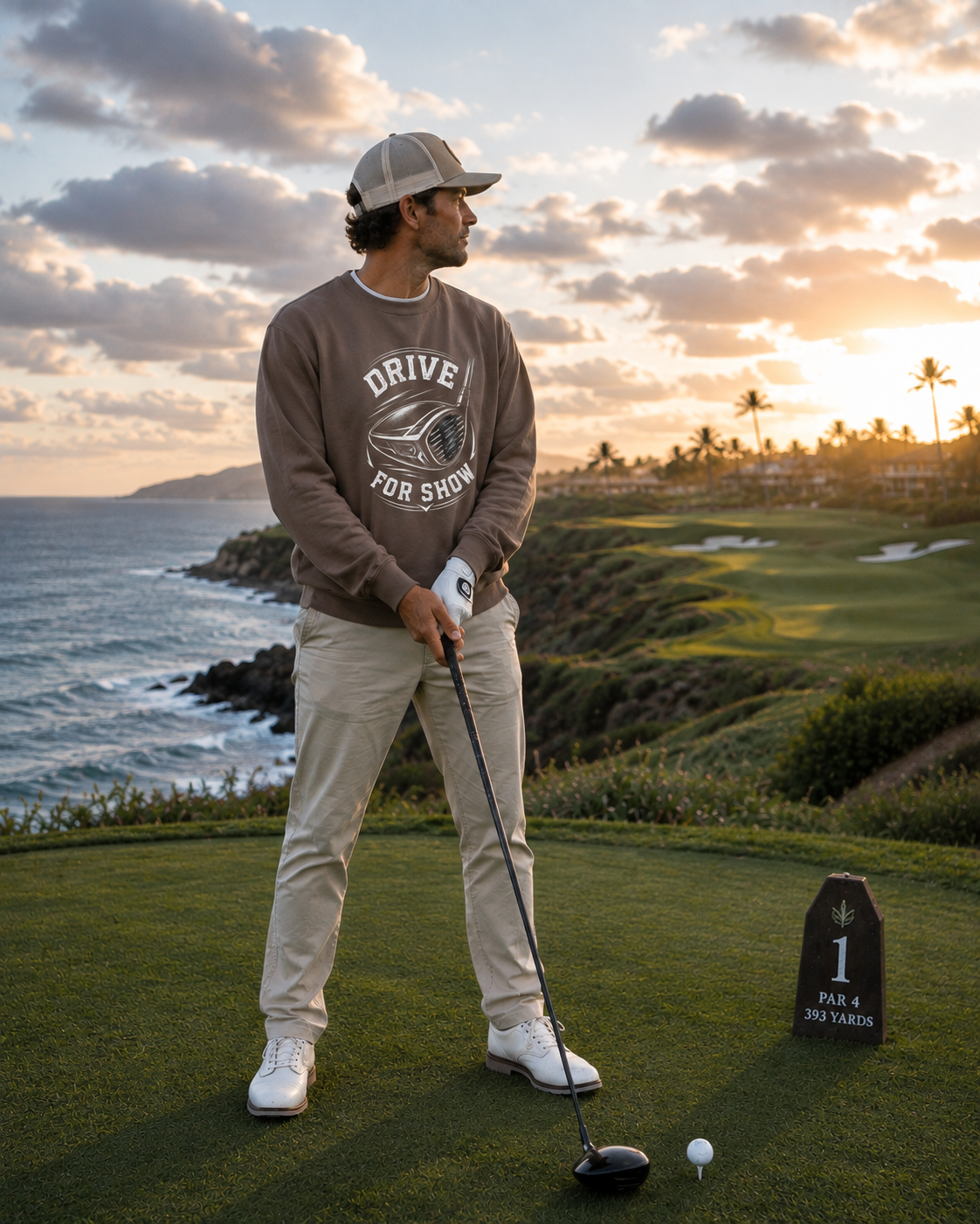 A man stands on a golf course at sunset wearing a brown sweatshirt with a 'Drive for Show' graphic, khaki pants, and a baseball cap, holding a golf club. A small yard sign is visible on the grass next to him.