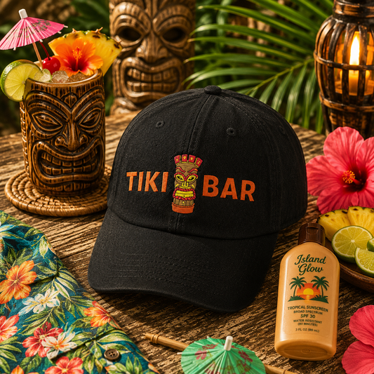 Tiki Bar Embroidered Hat — Vintage Tiki Totem Denim Baseball Cap