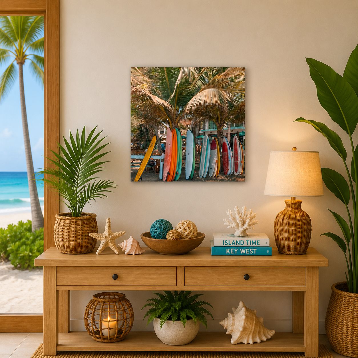 Decorative table with beach-themed items including surfboards, plants, and a lamp, with a window view of a tropical beach.