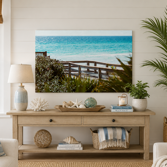 Living room with a large TV displaying a beach scene, wooden console table with decor items, and a plant.
