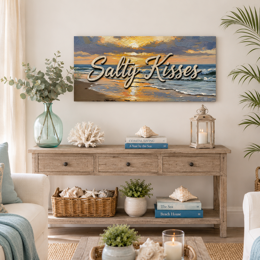 Living room with 'Salty Kisses' artwork, plants, and decor.